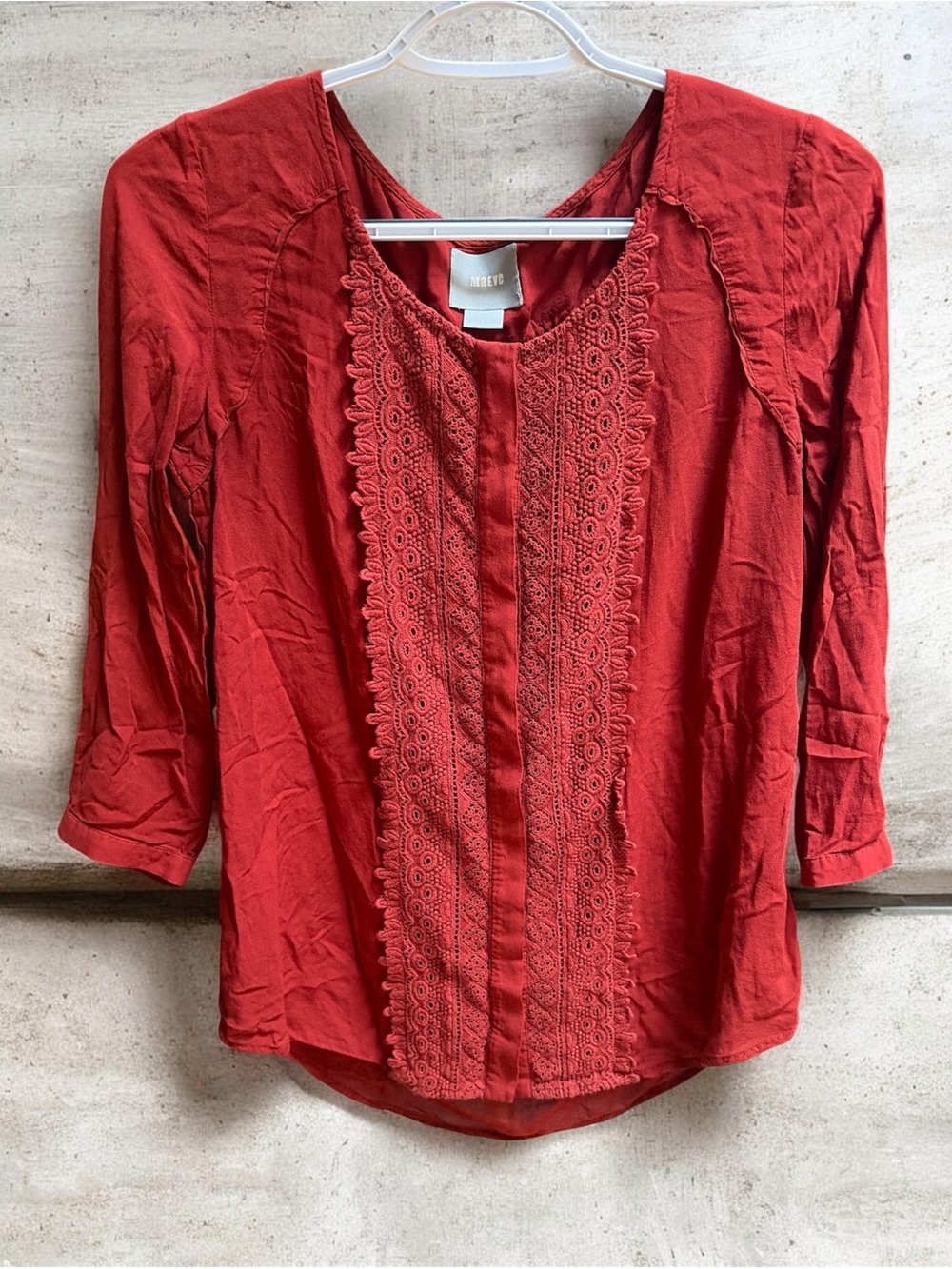 Maeve by Anthropology Burnt Orange Lace-Accent 3/4 Sleeve Tunic Size 4